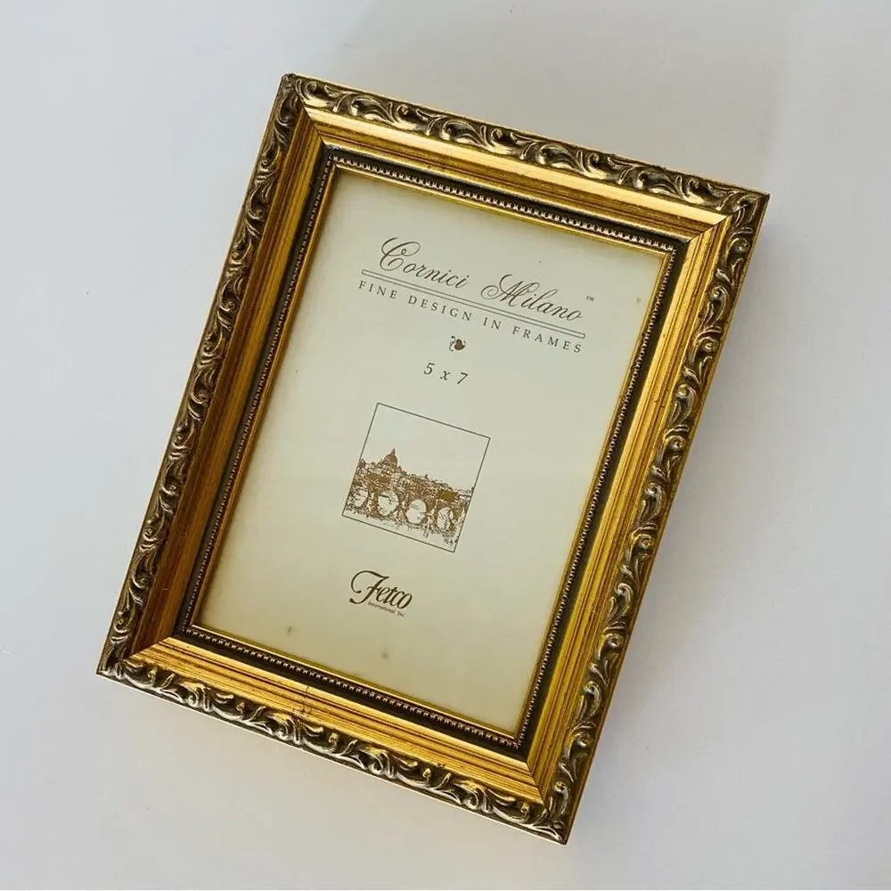 VINTAGE Antiqued Yellow Gold Etched Swirl Metal Photo Picture Frame Y2K 90s